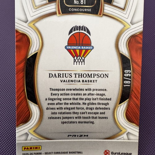 Darius Thompson 2025-26 Panini Select EuroLeague Blue Camo Concourse card, perfect condition