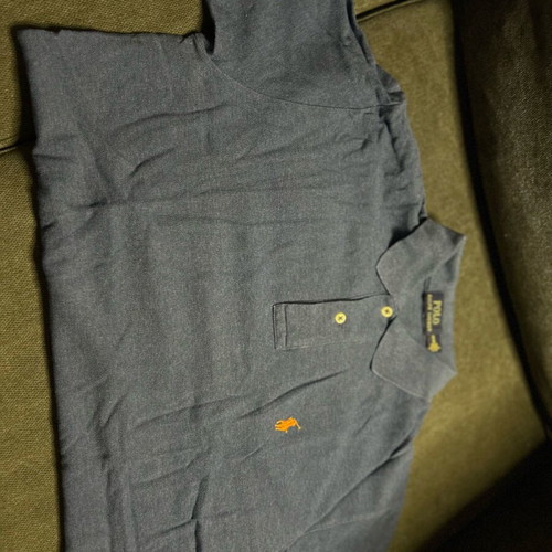 Men's Ralph Lauren polo shirt short sleeve blue with orange logo like new, size M