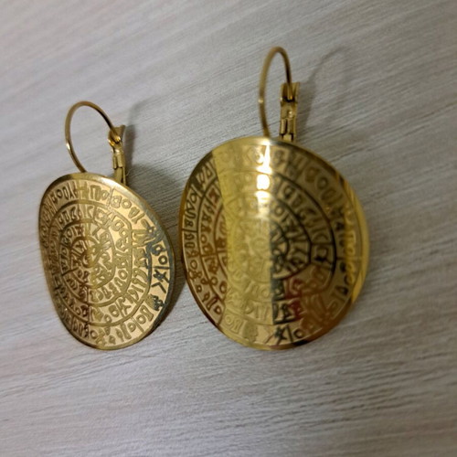 Steel earrings new, gold-colored Phaistos disc design