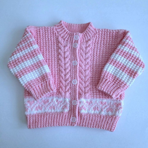 Knitted Baby Set 3 Pieces Handmade, Size 6-14 Months, Pink and White