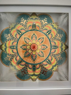 Mandala with Quartz for Prosperity New, Handcrafted with Natural Feathers