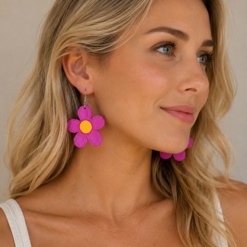 Flower earrings handmade from scratch, pink and purple