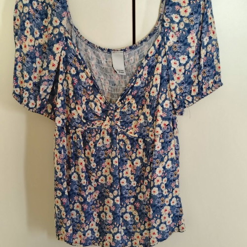 Women's cotton blouse blue with white flowers like new