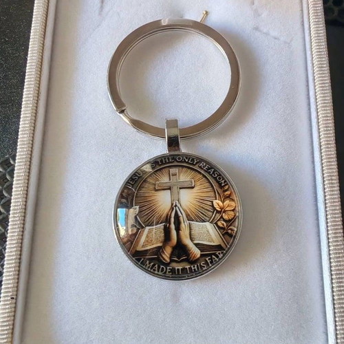 Metal keychain with round Christian pendant new