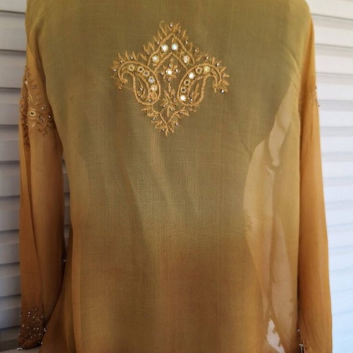 Blouse with Embroidery and Crystals New, Size M, Brown and Yellow