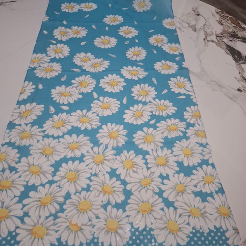 Vintage blue long scarf with daisies and polka dot detail, like new