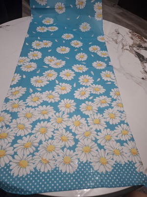 Vintage blue long scarf with daisies and polka dot detail, like new