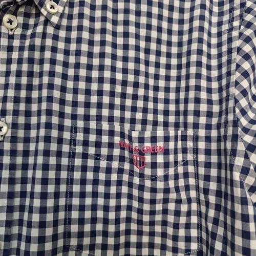 Navy & Green men's dress shirt, blue and white, size M