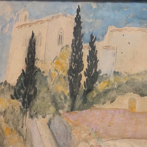 Watercolour painting used with Italian countryside theme, wooden frame