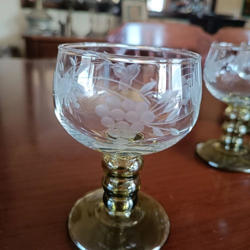 Roemer Wine Glasses vintage, engraved, olive stem, set of 6