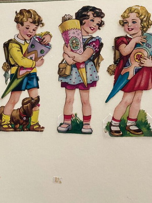 Vintage embossed paper die-cuts set of 6, schoolchildren first day theme