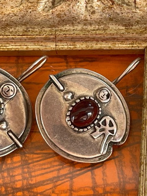 Αντίκα Μεγάλα Ασημένια Σκουλαρίκια Μεταχειρισμένα Χειροποίητα Με Πέτρα Γρανίτα 925