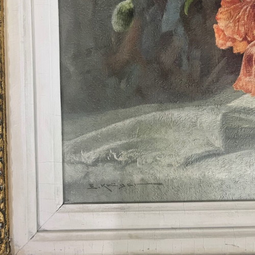 E. Kruger painting flowers in vase with carved frame like new
