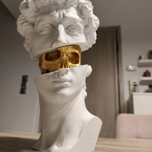 3D Printed David Bust with Gold Skull new, modern decorative art