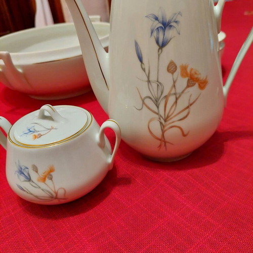 Bohemian porcelain teapot and sugar bowl like new, white with gold trim and floral design