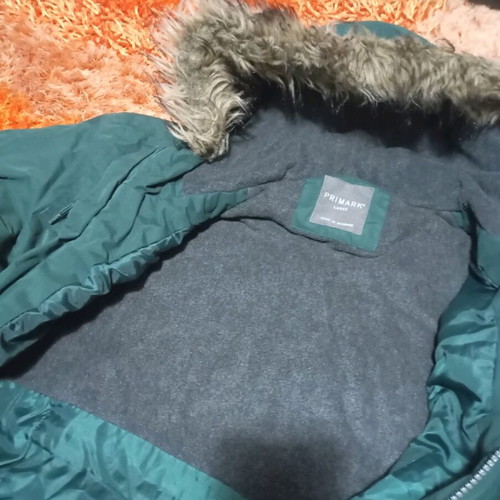 Khaki jacket with fur hood, size large, like new