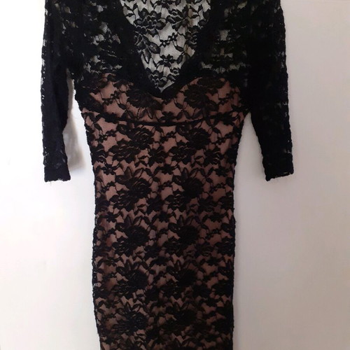 Black lace dress Kikiriki like new, size S, mini with 3/4 sleeves and V neckline