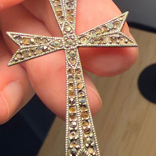 Silver Christian Cross 925 used, missing some diamonds