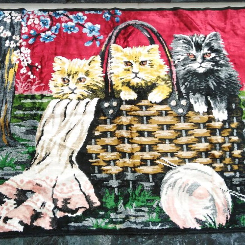 Velvet wall tapestry with cats theme used, 1.40x1.00 m