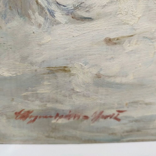 Oil painting snowy landscape used on plywood, old collectible 40x50