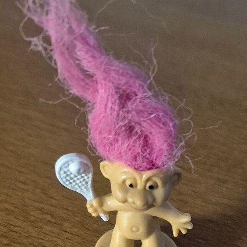 Vintage Troll figure with pink hair and tennis racket, used, rubber stamp base