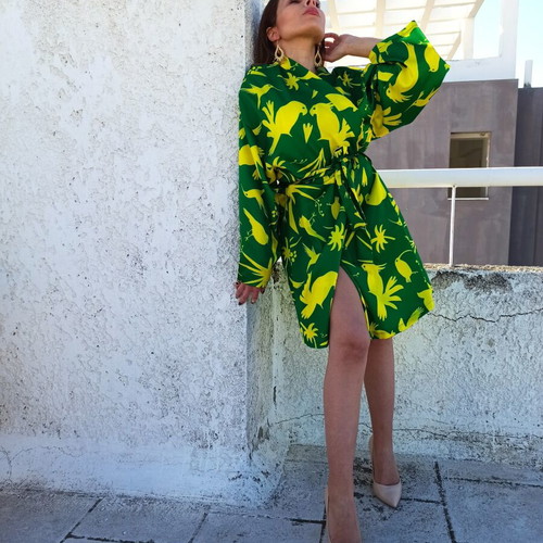Dress midi with belt, like new, green and yellow
