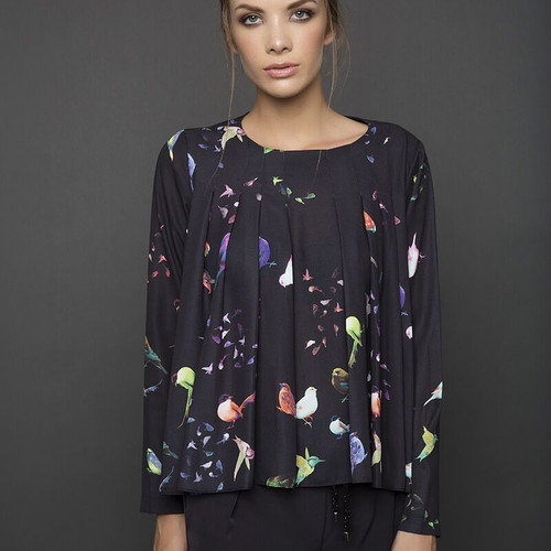 Roh women's blouse with pleats and colorful birds like new, size 38