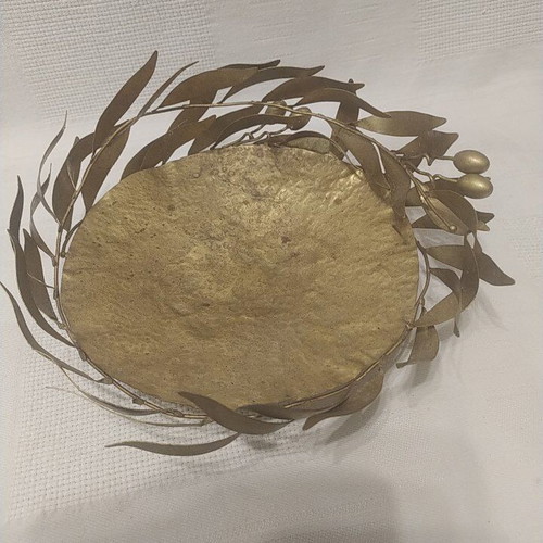 Handmade metal candlestick hammered with olive branch decoration like new