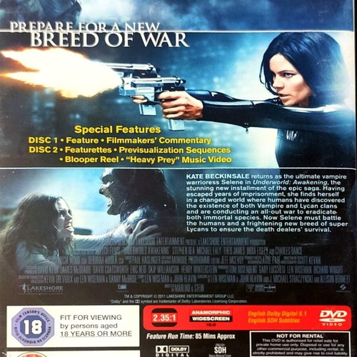 Underworld Awakening DVD used, action horror movie with English subtitles