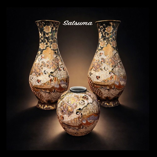 Satsuma vase set handmade new, signed