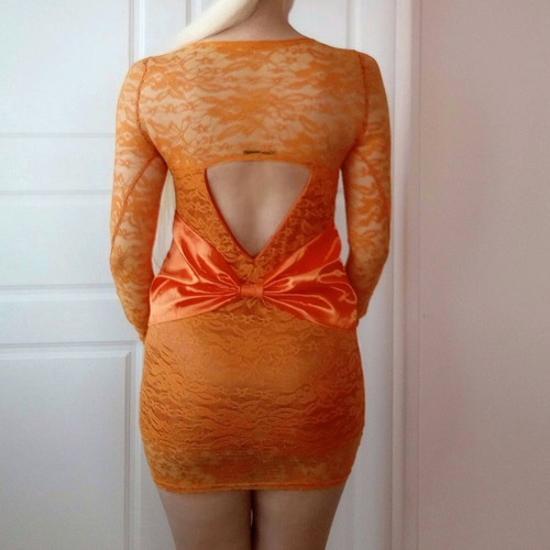 Muse Lace Dress orange with open back and bow, like new XS