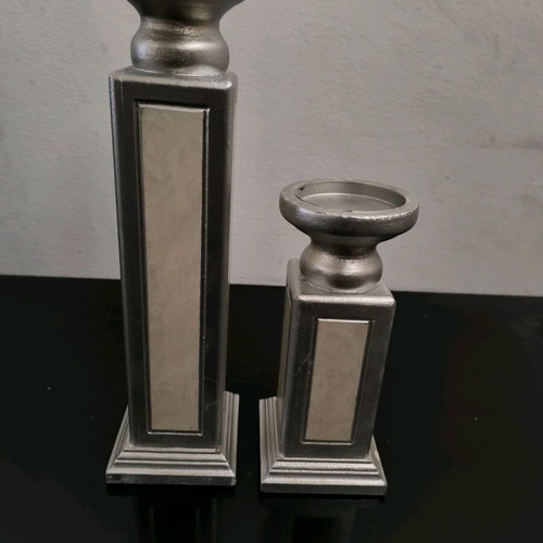 Wooden candlesticks like new, gray and beige color, set of 2