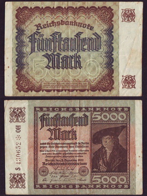 Germany 5000 Mark 1922 used banknote with large serial number