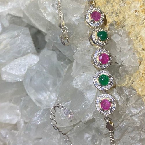 Handmade silver bracelet with natural emerald, ruby and moissanite, new