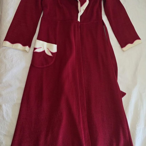 Vintage women's long dressing gown like new, burgundy with white details