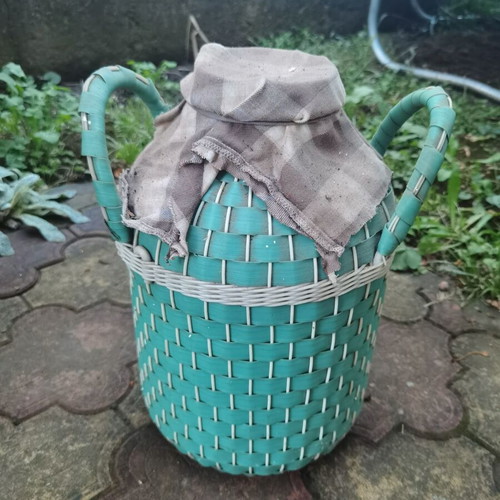 Glass demijohn with plastic wicker used, about 9-10 liters