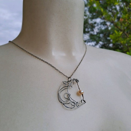 Moon pendant with pearl new, silver handmade