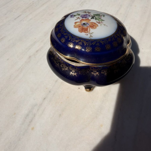 Vintage cobalt porcelain jewelry box like new with floral lid