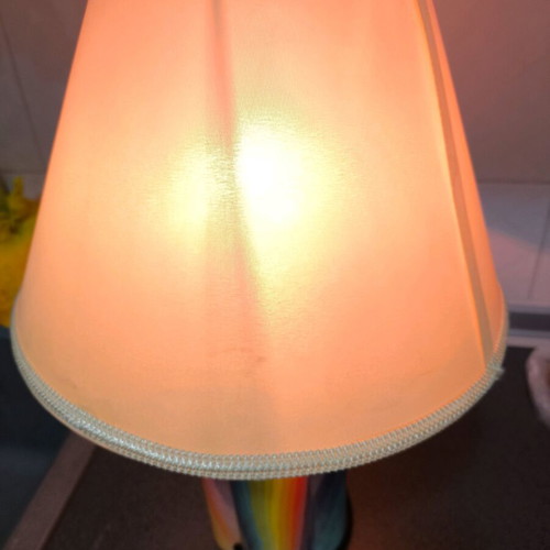 Handmade table lamp with rainbow base and green shade like new