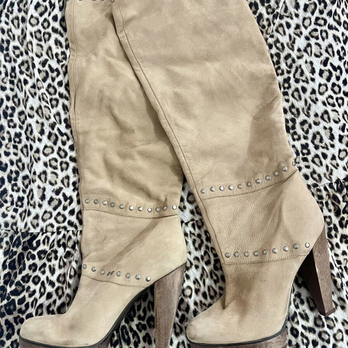 Leather knee-high boots with studs, beige, size 39