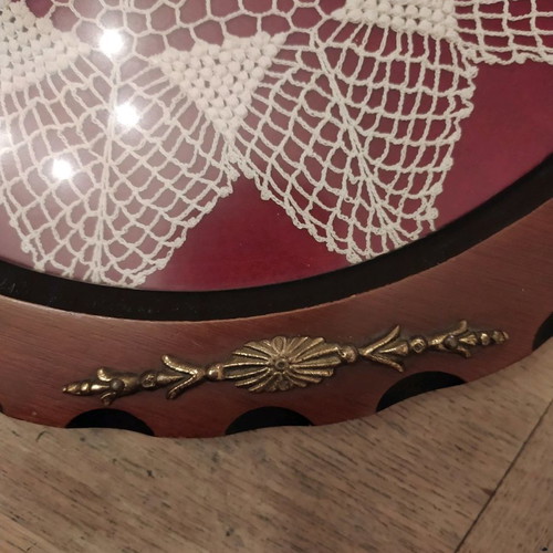 Wooden serving tray with crochet used, 40cm diameter