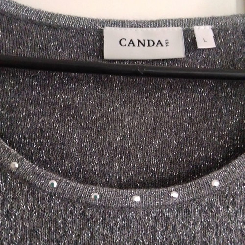 Canda women's blouse L used, grey with silver thread and rhinestones