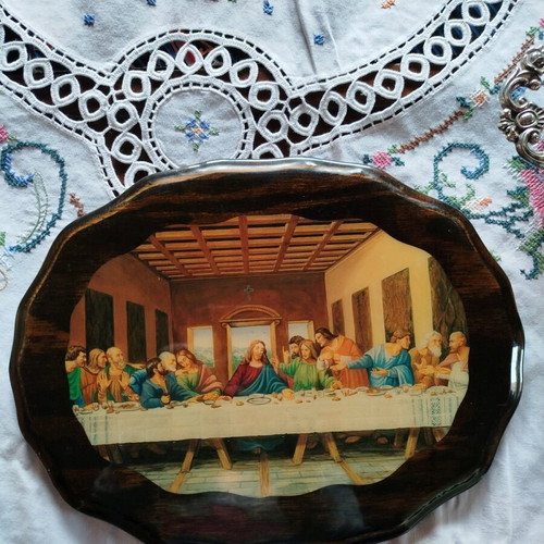 Wooden vintage wall plaque with Last Supper depiction used