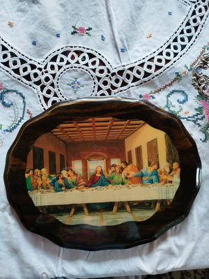 Wooden vintage wall plaque with Last Supper depiction used