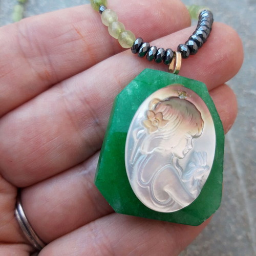 Handmade necklace like new with semi-precious stones and carved cameo