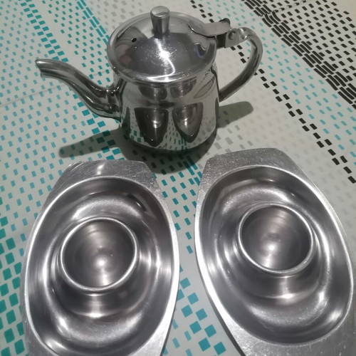 Inox set with 2 egg holders and teapot used