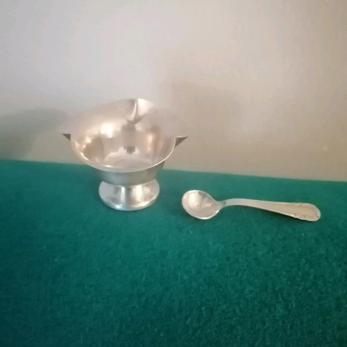 Silver sugar bowl 1960s handmade, like new with miniature spoon