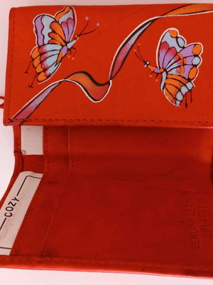 Cozy genuine leather tri-fold wallet with butterflies, red