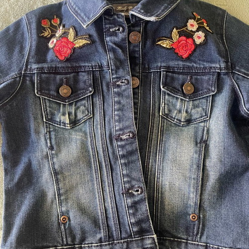 Children's clothing set like new, coral dress and embroidered denim jacket