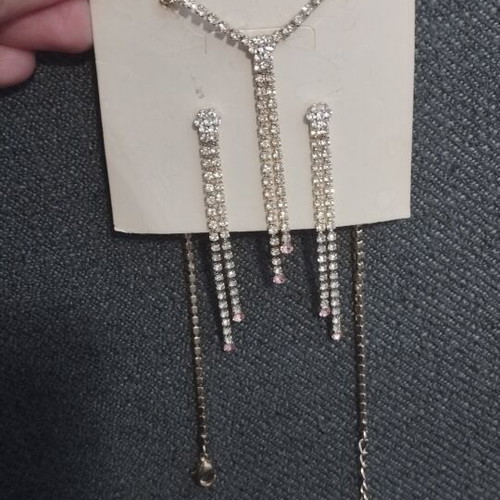 Evening jewelry set necklace-tie and long rhinestone earrings gold-tone